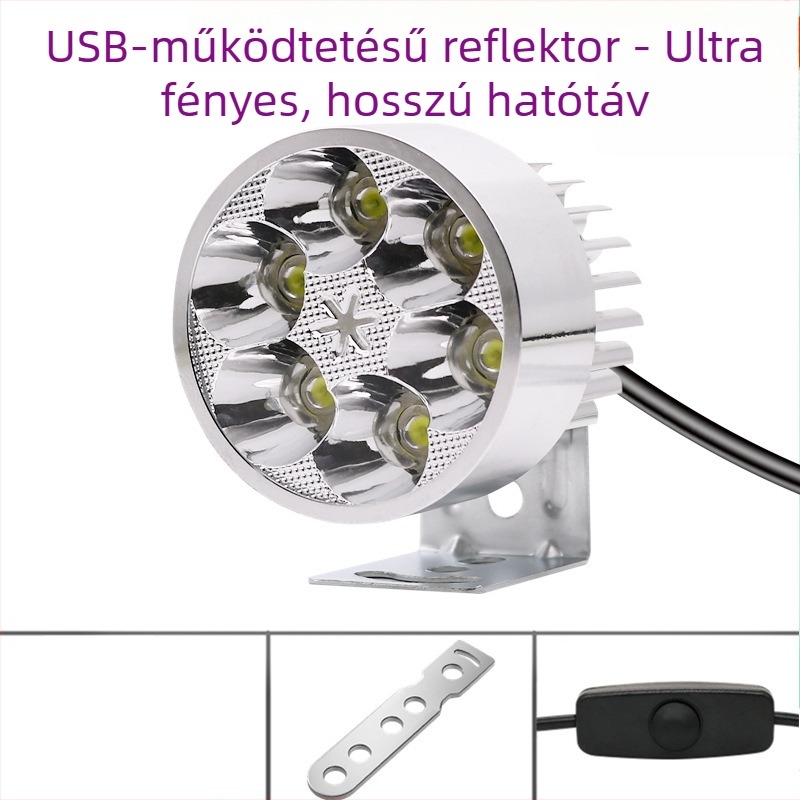 Kerékpár lámpa USB töltőporttal és LED spotfénnyel, nagy fényerő, kemping világítás