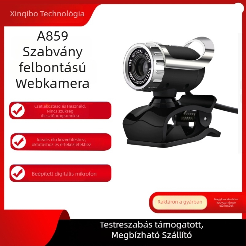 HD USB webkamera számítógépekhez, 640x480 felbontás, 30 FPS, USB 2.0, manuális fókusz, beépített mikrofon