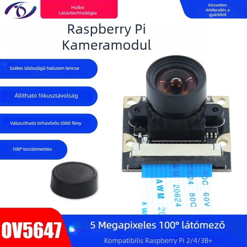 Raspberry Pi HD kamera OV5647 5MP szenzorral, felbontás 2592x1944, 30fps, CSI interfész, manuális fókusz, 100° torzításmentes