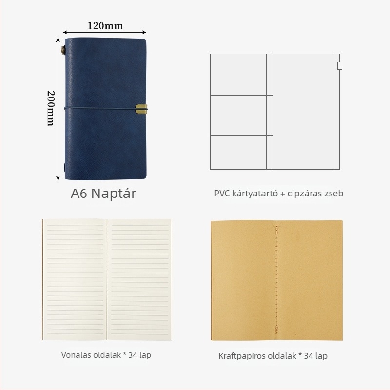 Vintage Retro Planner Notesz Műbőr Borítóval, Oldalas Kötés, Dowling Papír 100 g, 1–50 Oldal