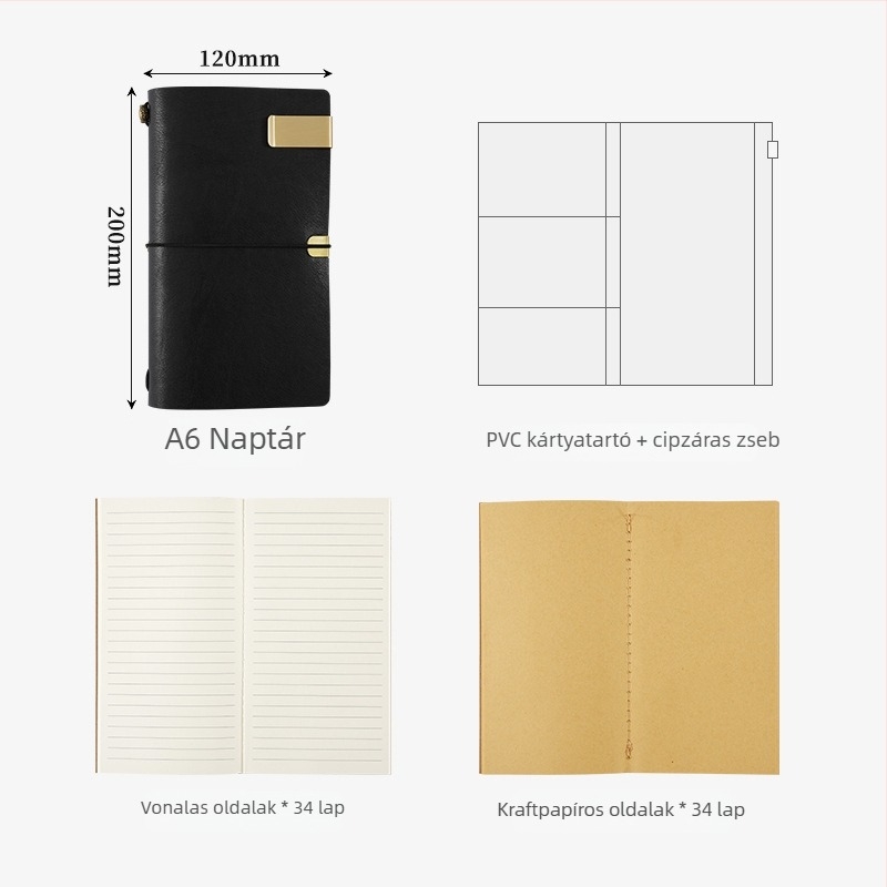 Vintage Retro Planner Notesz Műbőr Borítóval, Oldalas Kötés, Dowling Papír 100 g, 1–50 Oldal