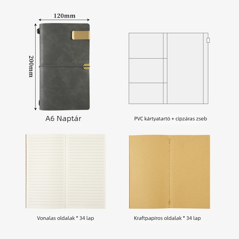 Vintage Retro Planner Notesz Műbőr Borítóval, Oldalas Kötés, Dowling Papír 100 g, 1–50 Oldal