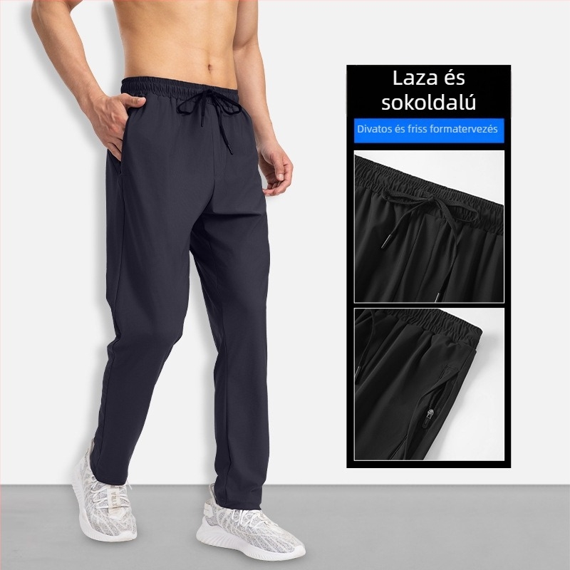 Férfi Ice Silk hosszú nadrág, nyári vékony egyenes szabás, középső derék, övvel, nylon-keverék, magas rugalmasság, légáteresztő