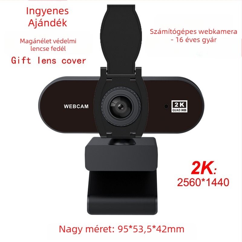 USB webkamera beépített mikrofonnal és lencsevédővel, 2560×1440 felbontásban 30fps, USB 2.0