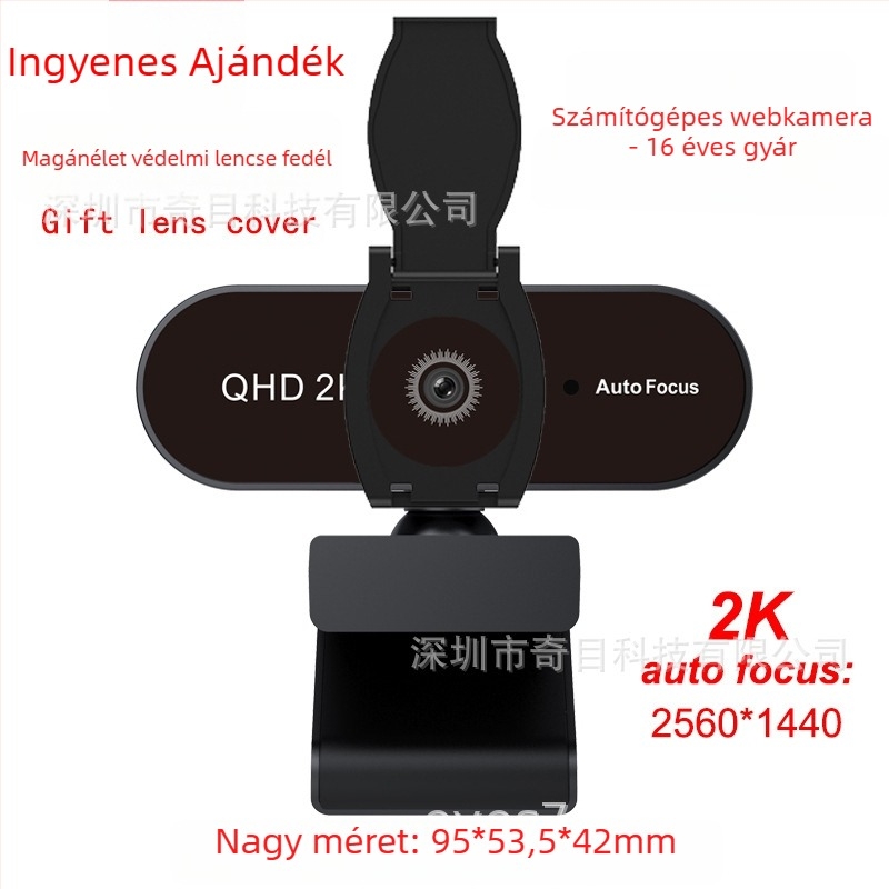 USB webkamera beépített mikrofonnal és lencsevédővel, 2560×1440 felbontásban 30fps, USB 2.0