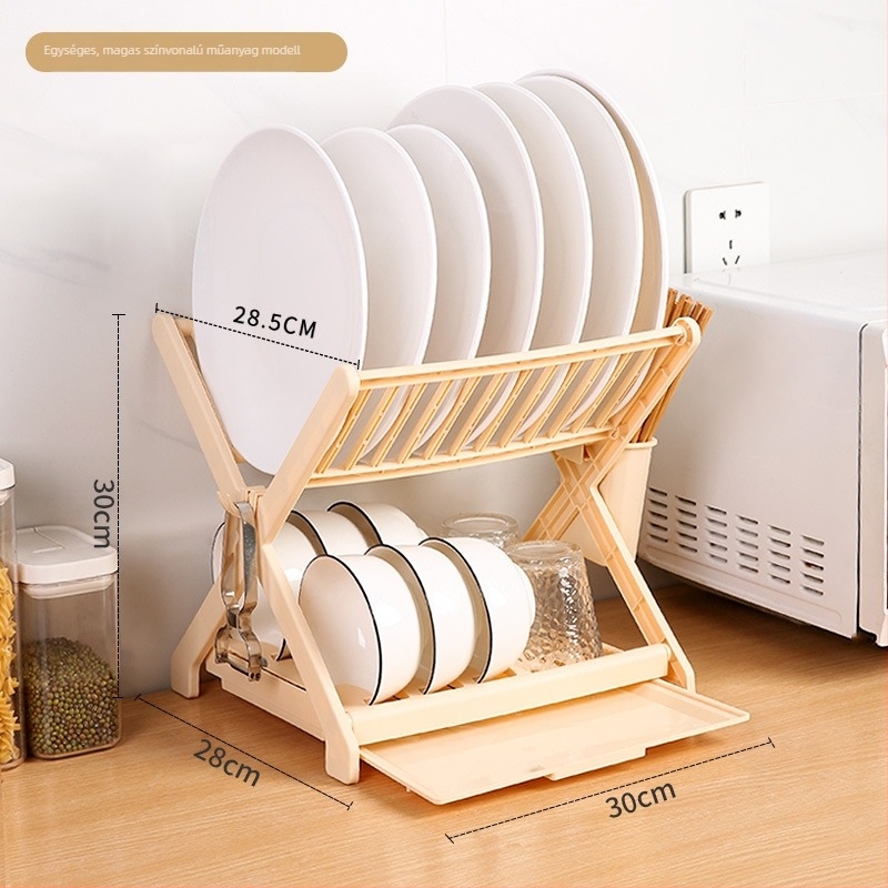 Kétszintes PP műanyag edényállvány rozsdamentes acélcső kerettel – konyhai öblítő és szárító szervező