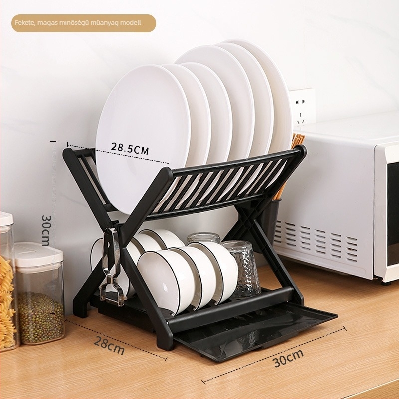 Kétszintes PP műanyag edényállvány rozsdamentes acélcső kerettel – konyhai öblítő és szárító szervező