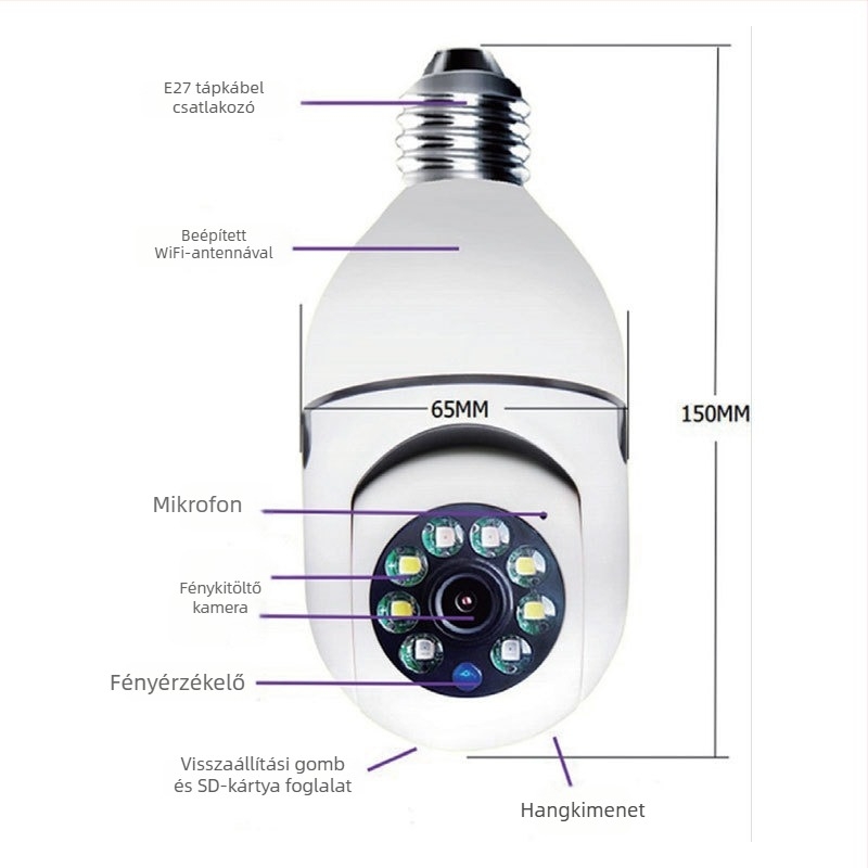 E27-es égő alakú IP kamera - 1080p, éjjellátás, WiFi, beltéri használatra, 3.6 mm objektív