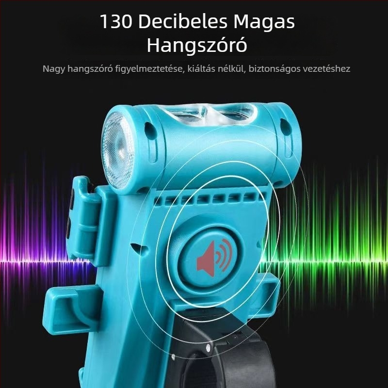 Kerékpár elsőfény beépített hangszóróval és telefontartóval, USB-C töltés, dupla T6 LED, 2000/3500 mAh akkumulátor