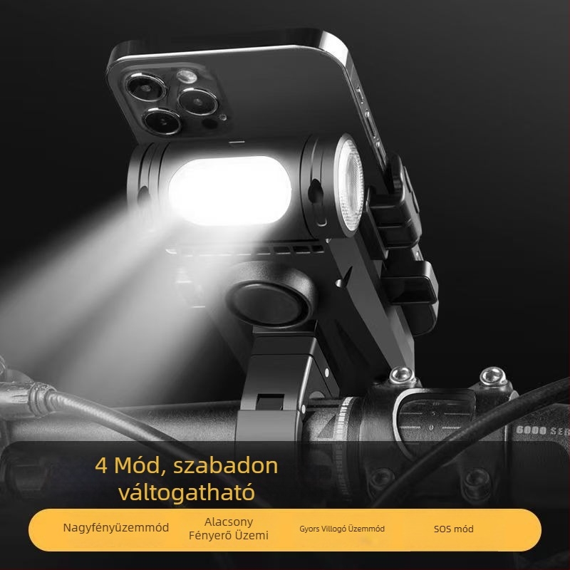 Kerékpár elsőfény beépített hangszóróval és telefontartóval, USB-C töltés, dupla T6 LED, 2000/3500 mAh akkumulátor