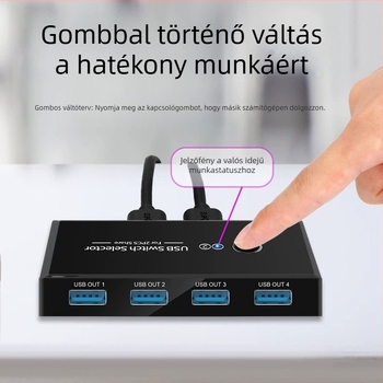 USB 3.0 megosztó kapcsoló, 4 bemenet, 2 kimenet, USB Switcher 2.0, Windows 98 kompatibilitás, energia menedzsment támogatás, 1080p felbontás