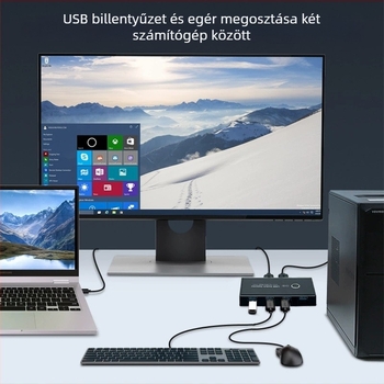 USB 3.0 megosztó kapcsoló, 4 bemenet, 2 kimenet, USB Switcher 2.0, Windows 98 kompatibilitás, energia menedzsment támogatás, 1080p felbontás