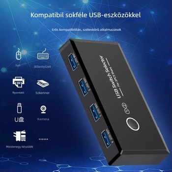 USB 3.0 megosztó kapcsoló, 4 bemenet, 2 kimenet, USB Switcher 2.0, Windows 98 kompatibilitás, energia menedzsment támogatás, 1080p felbontás