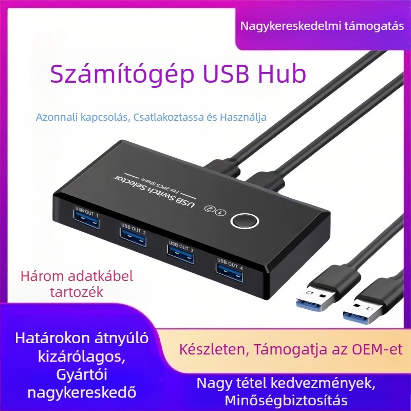 USB 3.0 megosztó kapcsoló, 4 bemenet, 2 kimenet, USB Switcher 2.0, Windows 98 kompatibilitás, energia menedzsment támogatás, 1080p felbontás