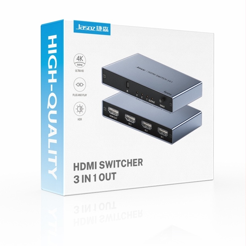 HDMI kapcsoló, 3 bemenet 1 kimenet, 4K60Hz, HDMI 2.0, távirányító