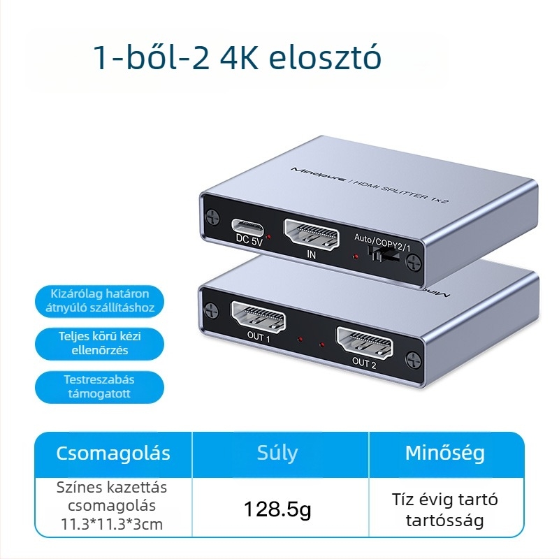 Mindpure HDMI osztó 1×2, 4K 3840x2160, videójel kiterjesztése