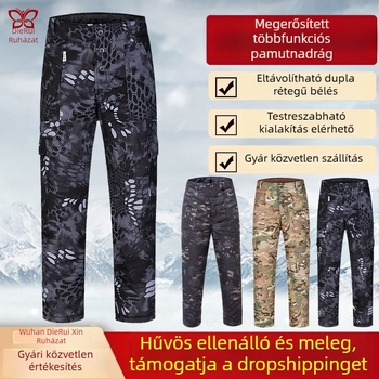 Téli terep kamuflázs nadrág pamutkeverékből, vízálló, meleg, kopásálló, szélálló, kamuflázs minta, egyenes szabású, vastagított