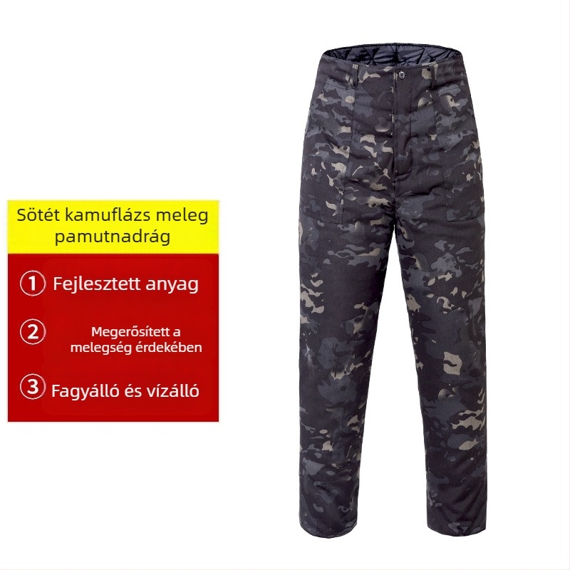 Téli terep kamuflázs nadrág pamutkeverékből, vízálló, meleg, kopásálló, szélálló, kamuflázs minta, egyenes szabású, vastagított