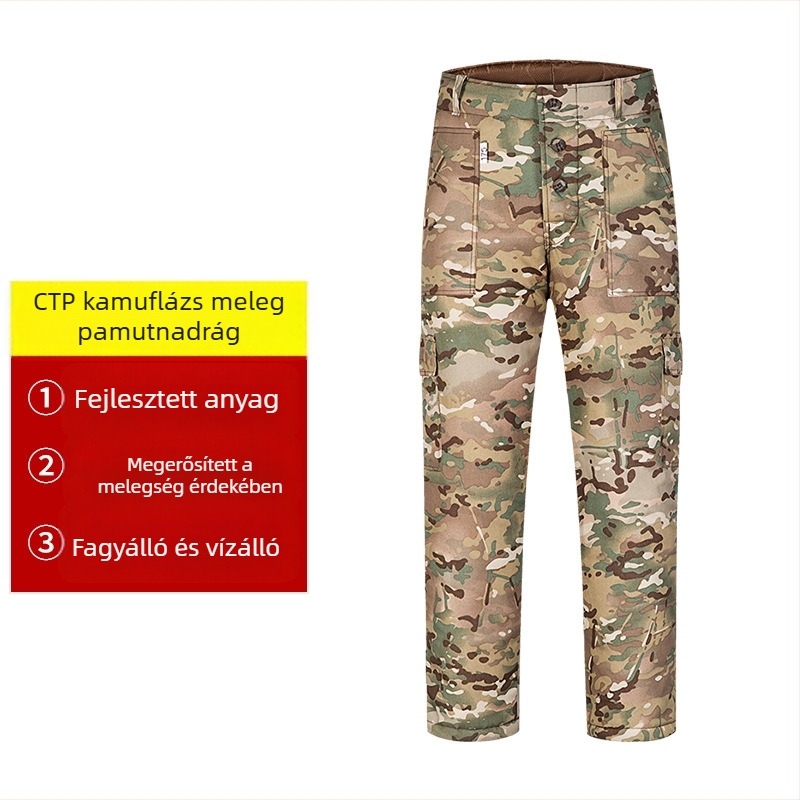 Téli terep kamuflázs nadrág pamutkeverékből, vízálló, meleg, kopásálló, szélálló, kamuflázs minta, egyenes szabású, vastagított