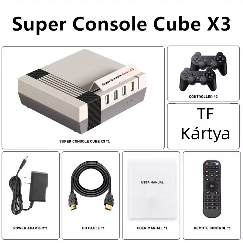 Videojáték-konzol nosztalgikus dizájnnal, 64 GB memória, Android TV + EmuELEC, HDMI/AV/USB 2.0, videólejátszás