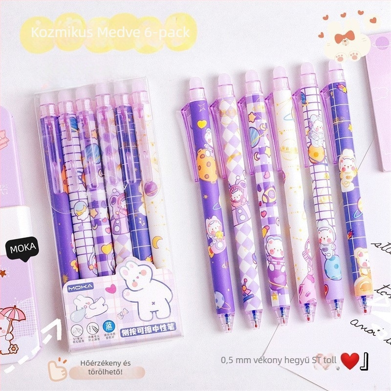 Rajzfilm-stílusú törölhető toll, nyomógombos mechanizmus, műanyag test, ST hegye, ST tollfej, dobozos csomagolás