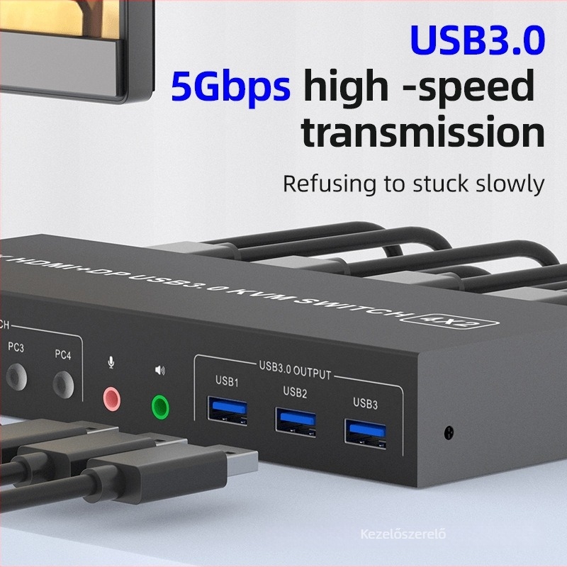 Sajimicro TA 402 HDMI KVM kapcsoló — 4 bemenet, 2 kimenet, megosztott billentyűzet és egér, 8K60Hz, Windows 7 kompatibilis