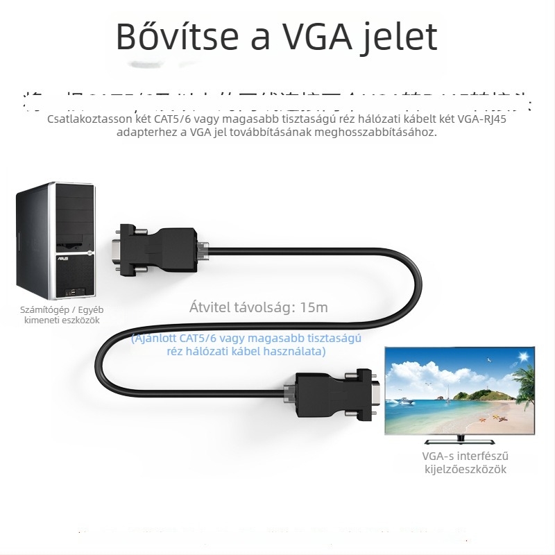 VGA kiterjesztő RJ45 adapterkábellel, 20 m, univerzális kompatibilitás, FTASI FT-VJ20