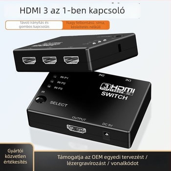 HDMI videókapcsoló, 3 bemenet 1 kimenet, infravörös távirányító, 1080P, modell HW-HD301H