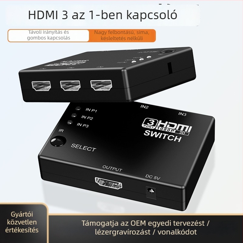 HDMI videókapcsoló, 3 bemenet 1 kimenet, infravörös távirányító, 1080P, modell HW-HD301H