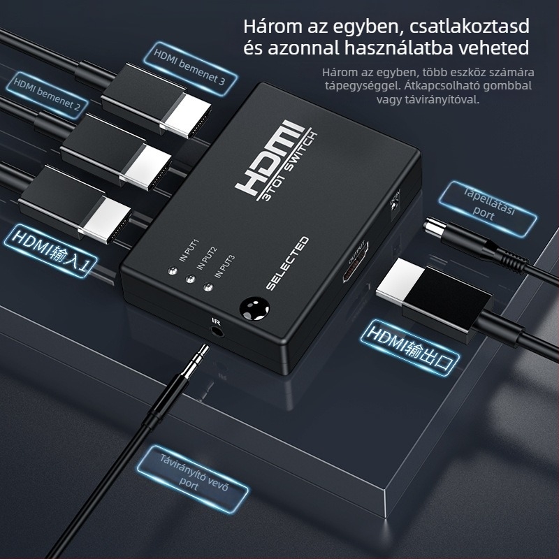 HDMI videókapcsoló, 3 bemenet 1 kimenet, infravörös távirányító, 1080P, modell HW-HD301H