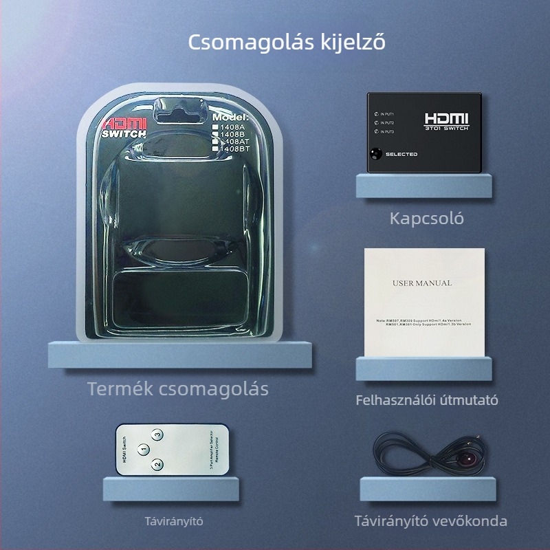 HDMI videókapcsoló, 3 bemenet 1 kimenet, infravörös távirányító, 1080P, modell HW-HD301H