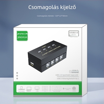 USB 2.0 nyomtatómegosztó kapcsoló, 4 portos, kézi gombos vezérlés
