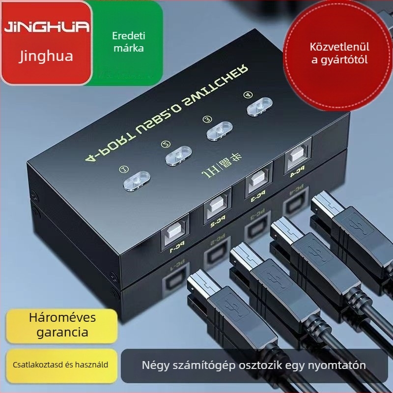 USB 2.0 nyomtatómegosztó kapcsoló, 4 portos, kézi gombos vezérlés