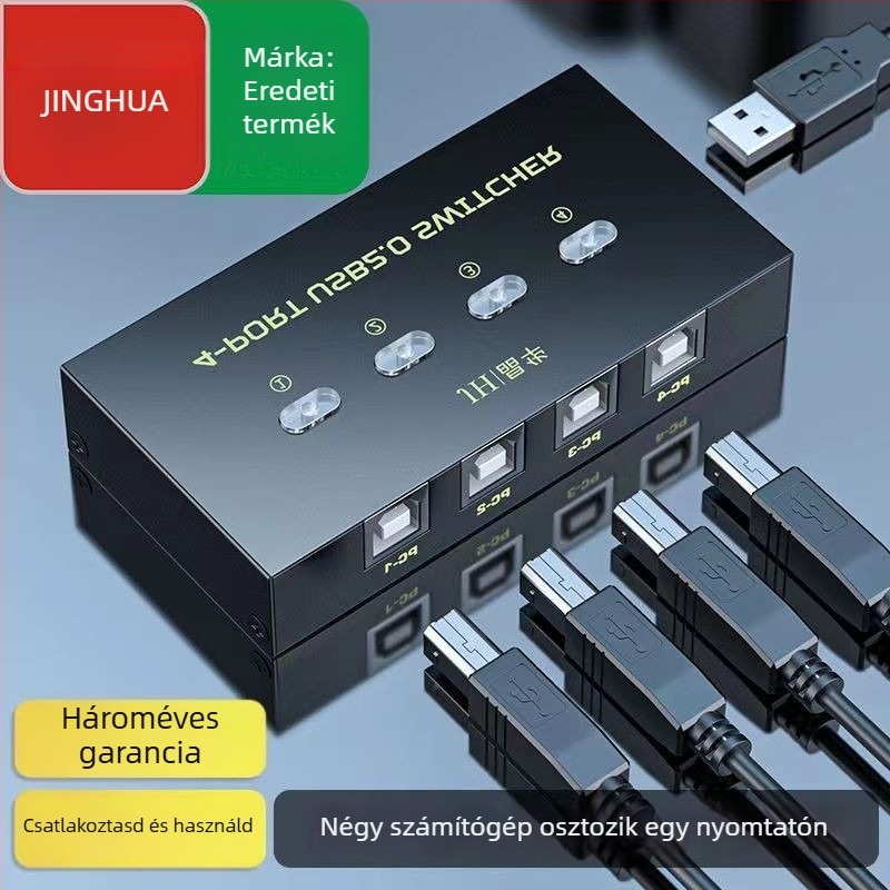 USB 2.0 nyomtatómegosztó kapcsoló, 4 portos, kézi gombos vezérlés