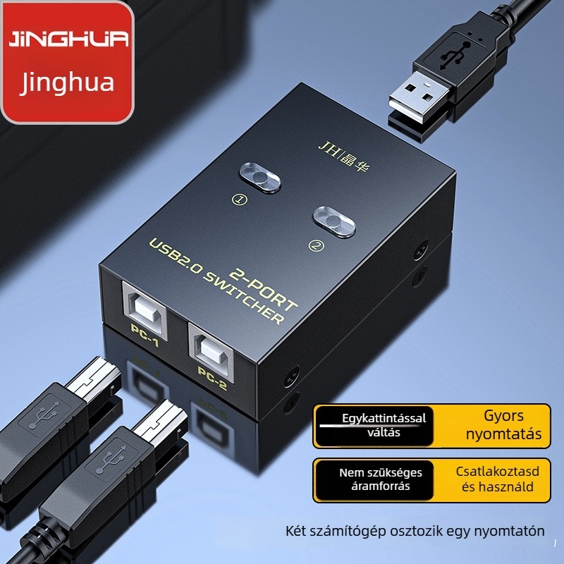 USB 2.0 nyomtatómegosztó kapcsoló, 4 portos, kézi gombos vezérlés