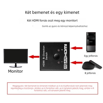 HDMI kapcsoló, 2 bemenetek, 1 kimenet, 4K, AB kapcsolás
