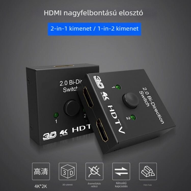 HDMI 2x1 AB kapcsoló, 2 bemenetből 1 kimenet, távoli ébresztés nélkül, tápellátás-kezelés nélkül