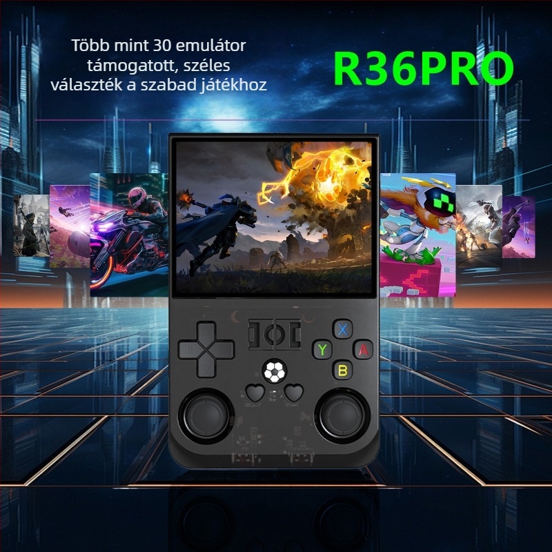 R36MAX nyílt forráskódú kézi játékkonzol, GBA/PSP-kompatibilitás, két joystick, Android OS, 64–128GB tárhely