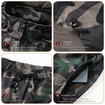 Férfi munkaruha szett camouflage mintával tavasz–ősz, elasztikus, kopásálló és vízálló, kültéri laza szabású, építőipari és autójavító munkákhoz