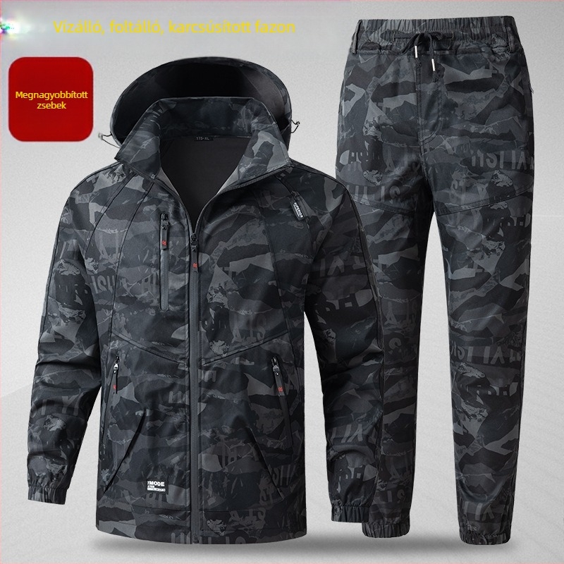 Férfi munkaruha szett camouflage mintával tavasz–ősz, elasztikus, kopásálló és vízálló, kültéri laza szabású, építőipari és autójavító munkákhoz