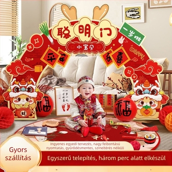 1 éves gyermek születésnapjára szánt rekvizitkészlet – selyemvirágokkal díszített ajtó- és falidekor, animált stílusú helyszín-berendezési rekvizitek
