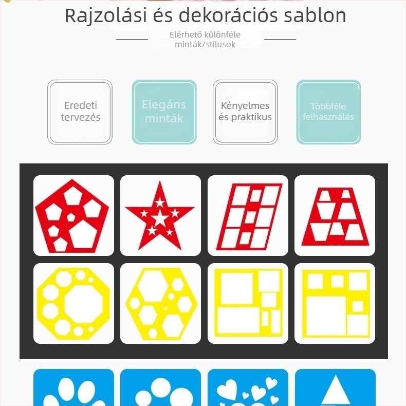 DIY gyermekeknek PET sablon festéshez: geometriai formák, angol betűk és mandala