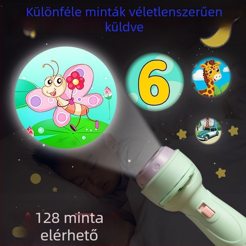 Gyerekeknek szóló LED-projekciós zseblámpa-játék, oktatási funkciókkal (mintázat-alapú olvasás, fénykibocsátás és helyzet-szimuláció); műanyagból, 4–6 éveseknek