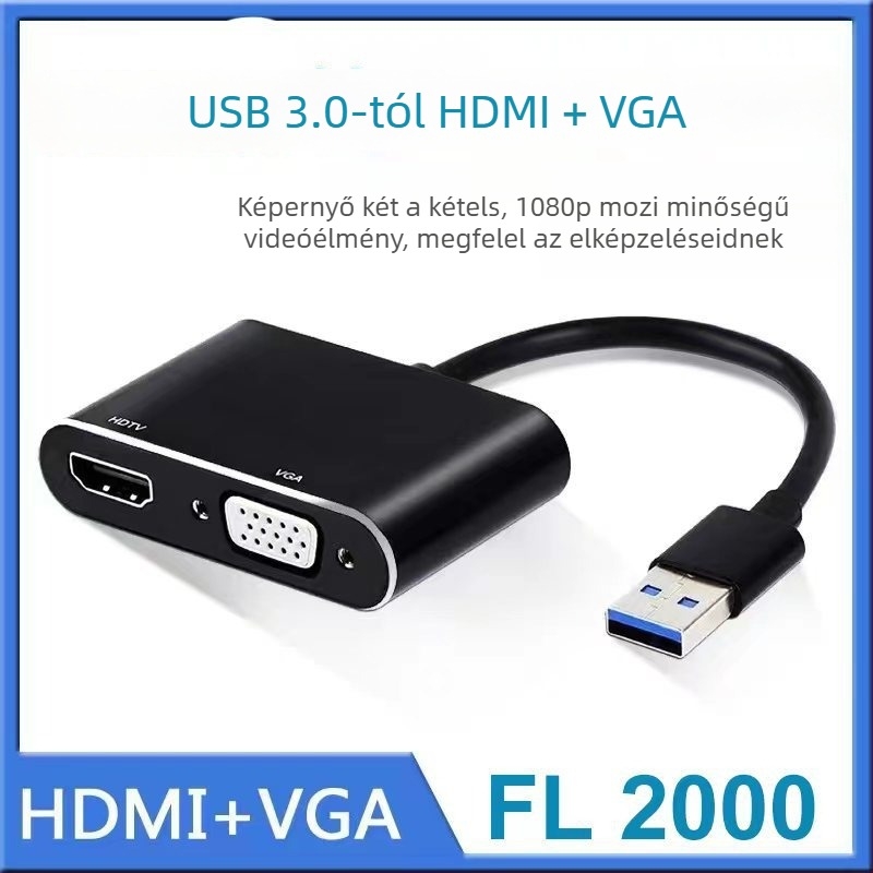 USB–HDMI+VGA kettős dokkolóállomás – 1080P, Windows 2000 kompatibilis, Energiagazdálkodás támogatás