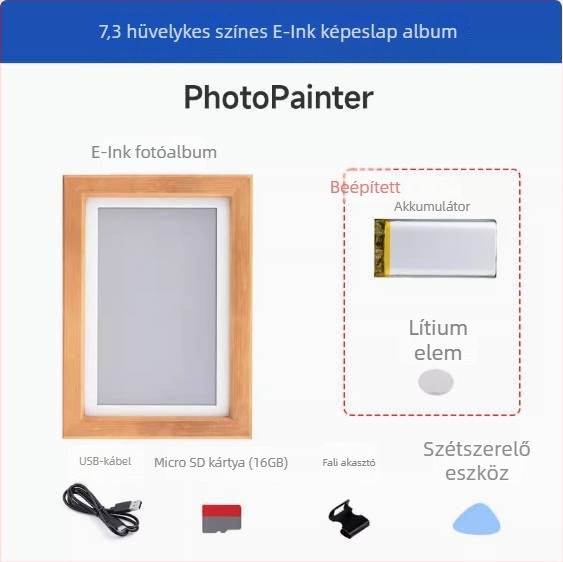 ACEP7 digitális fotókeret E Ink kijelzővel, beépített RTC-vel, masszív fa kerettel