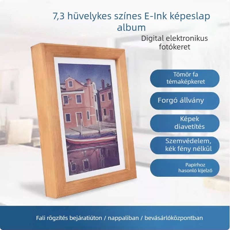 ACEP7 digitális fotókeret E Ink kijelzővel, beépített RTC-vel, masszív fa kerettel
