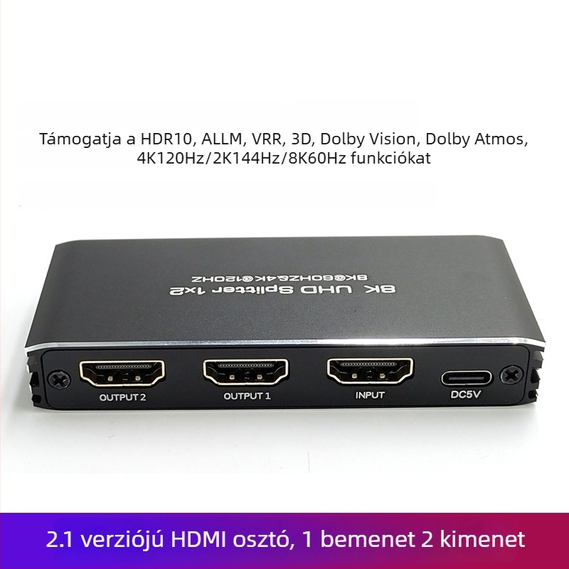 HDMI elosztó, modell H190, 8K60Hz, kapcsoló/elosztó, HDMI kimenet, tápellátás 5V1A