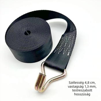 Autóbiztonsági öv feszítő heveder – Poliészter; Személyre szabható hossz; Manuális feszítő mechanizmus; 5 tonnás terhelhetőség; Kötél szélessége 4,8 cm