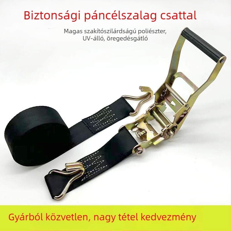 Autóbiztonsági öv feszítő heveder – Poliészter; Személyre szabható hossz; Manuális feszítő mechanizmus; 5 tonnás terhelhetőség; Kötél szélessége 4,8 cm