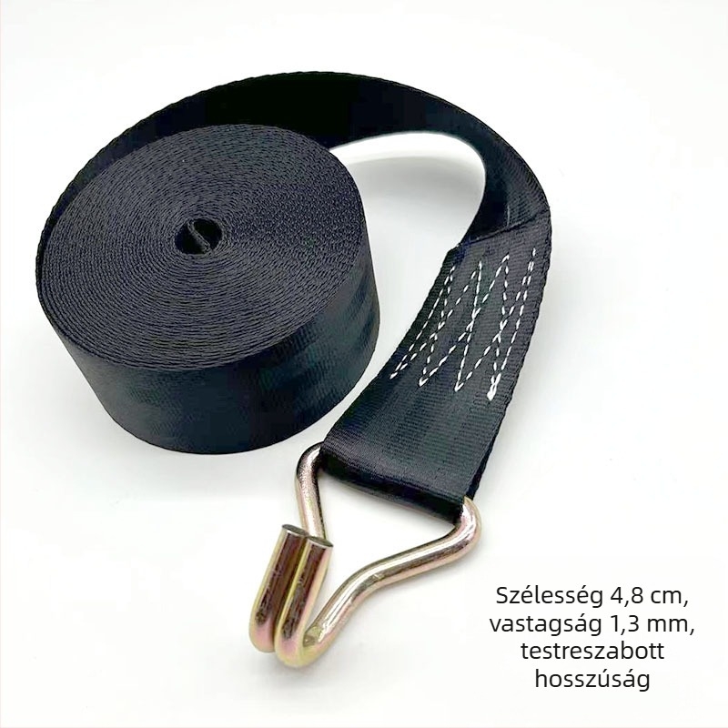 Autóbiztonsági öv feszítő heveder – Poliészter; Személyre szabható hossz; Manuális feszítő mechanizmus; 5 tonnás terhelhetőség; Kötél szélessége 4,8 cm